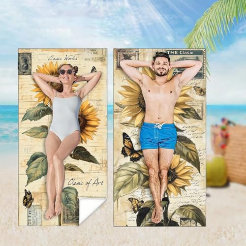 Strandtuch 2er Set 220x100 cm Mikrofaser Handtuch XXL Strandhandtuch Zubehör, Retro Microfaser Handtücher Leicht und Schnelltrocknend, für Damen Herren Reise Urlaub Schwimmen,Sonnenblume M-4692 von YOOYLLCY