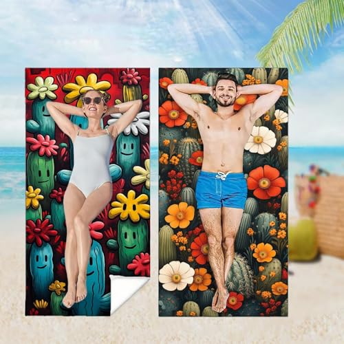 Strandtuch XXL 2er Set 90x180 cm, Schnelltrocknendes Mikrofaser Handtuch, Kaktus Saunahandtuch Badetuch Blume Microfaser Handtücher Kompakt und Sandfest, Schnelltrocknend Hamamtuch Strandlaken M-3979 von YOOYLLCY