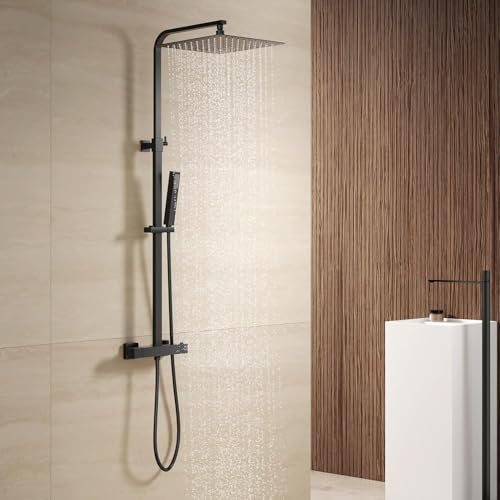 YOOZENA Duscharmatur mit Thermostat,Regendusche mit armatur, Duschsystem (Duscharmatur Schwarz - 25 X 25 CM Kopfbrause - Duschkopf mit Schlauch und Halterung) Eckig von YOOZENA