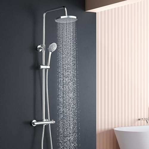 Regendusche mit armatur,YOOZENA Duschsystem Duscharmatur mit Thermostat, Duschkopf mit schlauch und halterung, Dusche regendusche set,Chrome Rund von YOOZENA