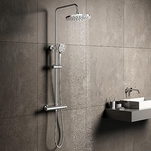 Regendusche mit armatur,YOOZENA Duschsystem Duscharmatur mit Thermostat, Duschkopf mit schlauch und halterung, Dusche regendusche set,Chrome Rund von YOOZENA