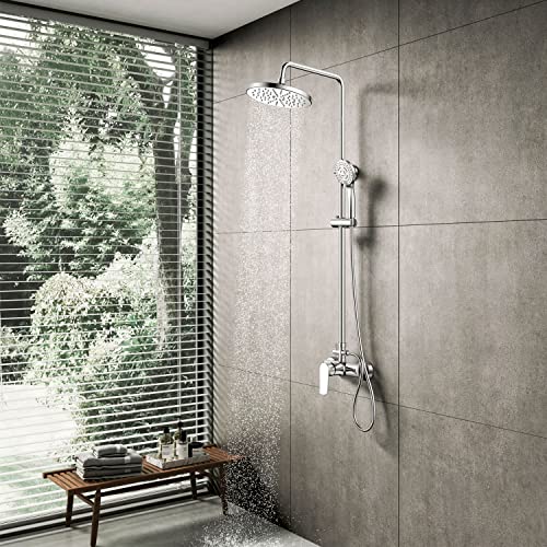 YOOZENA Duscharmatur Komplettset, Duschsystem mit Einhebelmischer,Duschset (Duscharmatur, Regendusche, Duschkopf mit 3 Strahlarten, Duschstange) Rund Chrom von YOOZENA