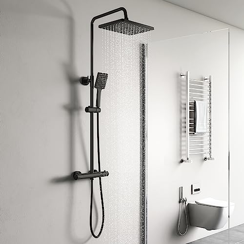 YOOZENA Duscharmatur Schwarz, Duschsystem mit Thermostat, 26x19cm Kopfbrause, Duschkopf mit Schlauch und Halterung, Regendusche mit armatur, Duschset von YOOZENA