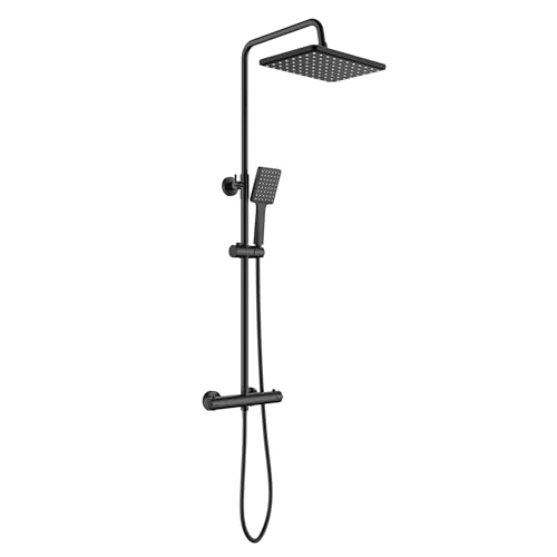 YOOZENA Duscharmatur Schwarz, Duschsystem mit Thermostat, 26x19cm Kopfbrause, Duschkopf mit Schlauch und Halterung, Regendusche mit armatur von YOOZENA