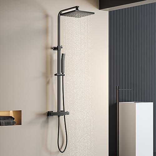 YOOZENA Duscharmatur-Set, Thermostat-Duschmischer, quadratischer Regenfall, höhenverstellbar, Duschset für Badezimmer, Thermostat-Duschsystem, Schwarz von YOOZENA