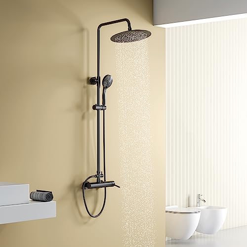 YOOZENA Duschsäule Schwarz, Duschsäule mit Wasserhahn, Regendusche 25 cm, Höhenverstellbar, Chrom, Rund, Dusche, Duschset von YOOZENA