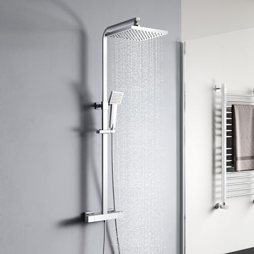 YOOZENA Thermostat-Duscharmatur-Set, Überkopf-Regendusche, Handbrause, höhenverstellbares Duschset, Duschsystem, quadratisch, Chrom von YOOZENA