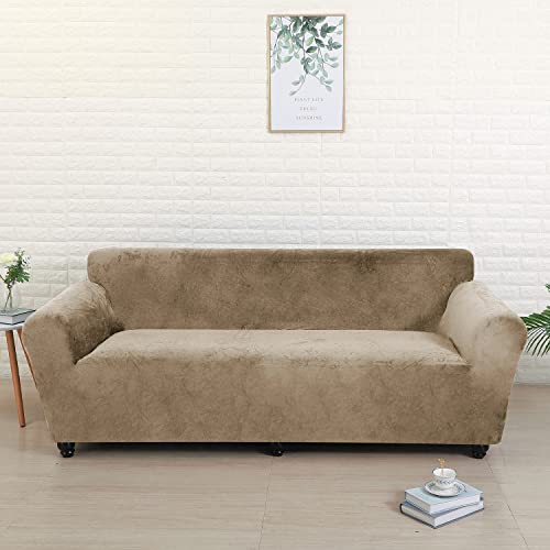 YOPOIY 1 2 3 4-Sitzer Thick Couchbezug, Elastische Sofa überzug Samt Plüsch Sofahusse mit Rutschfesten Trägern Waschbar-Kamel-1 Sitz 90-140 cm von YOPOIY