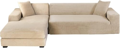 YOPOIY Samt-Abschnittsofabezüge, L-Form, Sofa-Schonbezüge mit Chaiselongue-Schonbezug, waschbarer Couchbezug für Sektionalsofaschoner (Beige, Chaiselongue rechts + 4-Sitzer) von YOPOIY
