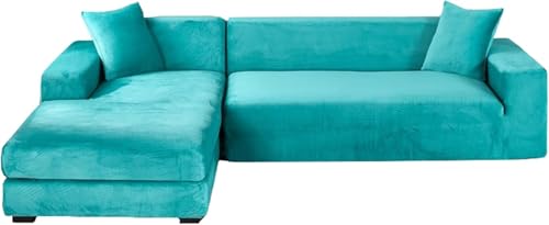 YOPOIY Samt-Abschnittsofabezüge, L-Form, Sofa-Schonbezüge mit Chaiselongue-Schonbezug, waschbarer Couchbezug für Sektionalsofaschoner (Blau, Chaiselongue rechts + 3-Sitzer) von YOPOIY