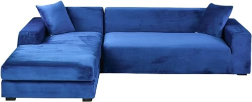 YOPOIY Samt-Abschnittsofabezüge, L-Form, Sofa-Schonbezüge mit Chaiselongue-Schonbezug, waschbarer Couchbezug für Sektionalsofaschoner (Blau b, rechter Chaise+4-Sitzer) von YOPOIY