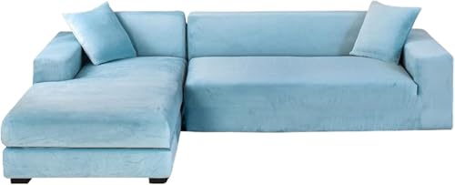 YOPOIY Samt-Abschnittsofabezüge, L-Form, Sofa-Schonbezüge mit Chaiselongue-Schonbezug, waschbarer Couchbezug für Sektionalsofaschoner (Hellblau, Chaiselongue rechts + 3-Sitzer) von YOPOIY
