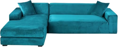 YOPOIY Samt-Abschnittsofabezüge, L-Form, Sofa-Schonbezüge mit Chaiselongue-Schonbezug, waschbarer Couchbezug für Sektionalsofaschoner (blau, rechter Chaise+3-Sitzer) von YOPOIY