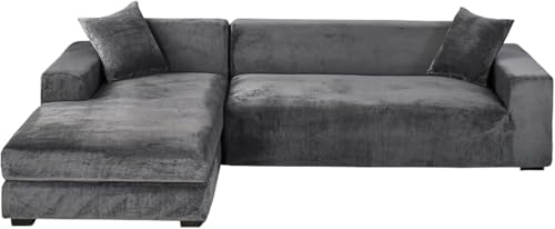 YOPOIY Samt-Abschnittsofabezüge, L-Form, Sofa-Schonbezüge mit Chaiselongue-Schonbezug, waschbarer Couchbezug für Sektionalsofaschutz (dunkelgrau, Chaiselongue rechts + 2-Sitzer) von YOPOIY