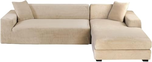 YOPOIY Samt-Couchüberzüge, L-Form, Sofa-Schonbezüge mit Chaiselongue-Schonbezug, waschbarer Couchbezug für Sektionalsofaschoner (Beige, linker Chaise+3-Sitzer) von YOPOIY