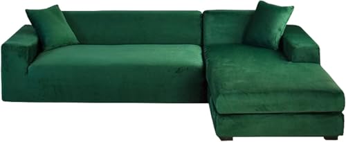 YOPOIY Samt-Couchüberzüge, L-Form, Sofa-Schonbezüge mit Chaiselongue-Schonbezug, waschbarer Couchbezug für Sektionalsofaschutz (dunkelgrün, linke Chaise+2-Sitzer) von YOPOIY