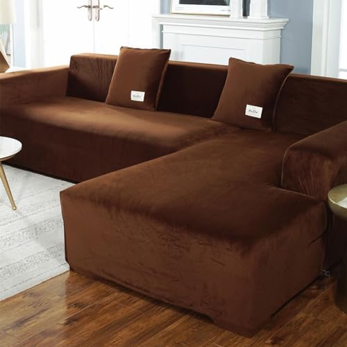 YOPOIY Samt Sofabezug L Form, Dicker Stretch Ecksofabezug, rutschfest Sofabezug Ecksofa L Form Waschbarer Plüsch-Möbelschutz Für Haustiere Und Hunde -Kaffee-3+3 Sitzer von YOPOIY