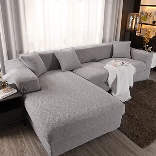 YOPOIY Sofabezug L Form Elastisch Couchbezug L Form Einfarbig All-Inclusive L-Form Sofa Abdeckung Neuestes staubdichtes Jacquard-Universal für alle Jahreszeiten -hellgrau-4-Sitzer + 4-Sitzer von YOPOIY