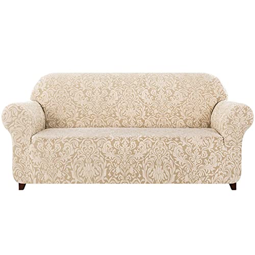 YOPOIY Sofabezug Neuestes Jacquard-Design hoch dehnbar einteilig weich Sofahusse Rutschfester waschbarer Möbelschutz für Kinder und Haustiere -Khaki-3-Sitzer (183-234 cm) von YOPOIY