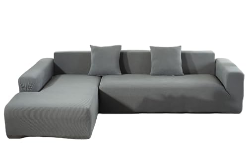 YOPOIY Stretch-Sektional-Couch-Schonbezüge, L-förmige Sofabezüge für Wohnzimmer, mit Chaiselongue-Bezug mit elastischer Unterseite, Hellgrau, Chaiselongue rechts + 3-Sitzer, 2 Stück von YOPOIY