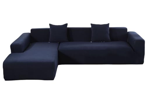 YOPOIY Stretch-Sektional-Couch-Schonbezüge, L-förmige Sofabezüge für Wohnzimmer, mit Chaiselongue-Bezug mit elastischer Unterseite, Marineblau, Chaiselongue rechts + 3-Sitzer, 2 Stück von YOPOIY