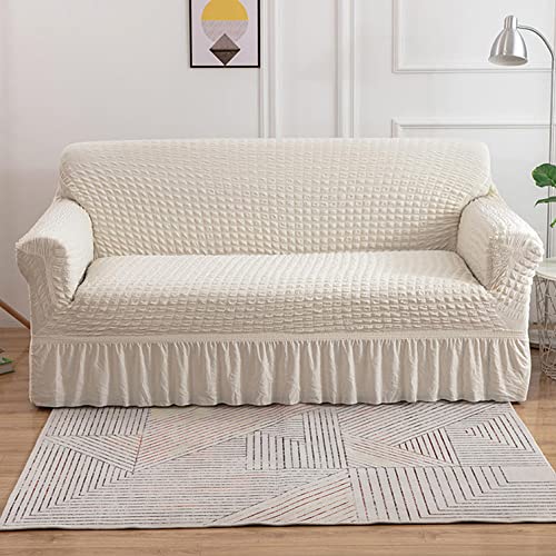 YOPOIY Stretch Sofabezug, Durable Stilvolle Couchbezug Jacquard Sofa Überwürfe Wohnzimmer Möbel Protector mit Rüschen Skirt -Weiß-4-Sitzer (235-300 cm) von YOPOIY