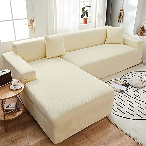 YOPOIY Superstretch Sofabezug L Form Premium-Jacquard Couch überzug l Form 2 Stück Spandex rutschfest Sofa überzug l Form für Wohnzimmer -Creme farben-2-Sitzer + 3-Sitzer von YOPOIY