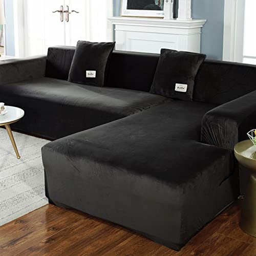 YOPOIY Velvet Modularer Sofabezug, Stretch Sofa Überwürfe Einfarbig Sofabezug l Form Waschbar Möbel Protector mit Elastischer Unterseite -Schwarz-2-Sitzer + 3-Sitzer von YOPOIY