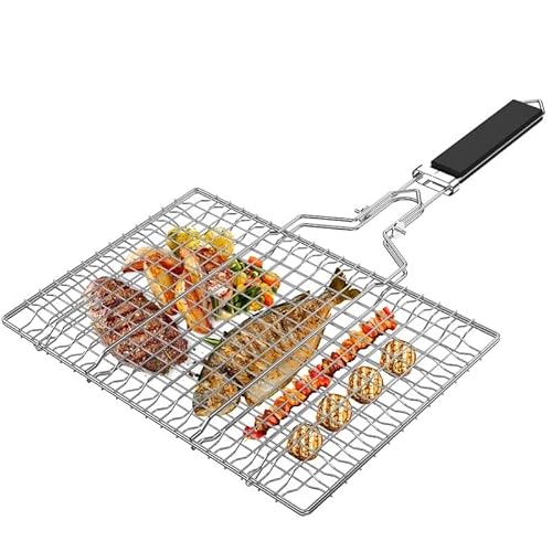 Fisch-Grillkorb,Edelstahl BBQ Grillkorb Fischbräter,Faltbar Tragbares Grill Fischhalter mit Abnehmbarem Griff,Ideal zum Grillen von Fisch, Gemüse, Fleisch und Krabben von YOPOTIKA