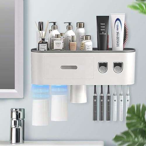 Zahnbürstenhalter,Wandmontierter Zahnbürstenhalter mit Doppelter Automatischer Zahnpastaspender Automatic Toothpaste Dispenser 3 Cups and Drawer for Bathroom von YOPOTIKA