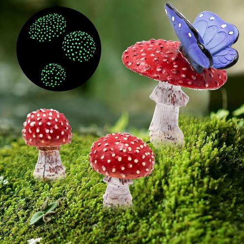 Satz von 3 im Dunkeln leuchtenden roten Pilz dekorative Statue, Design rustikale Topfpflanze nach Hause Modellierung, Outdoor-Statue, rote Kappe Pilz für Mikro Landschaft Garten Dekorationen Ornamente von YORISMAL
