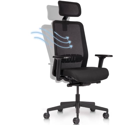 YOS S5 | Ergonomischer Bürostuhl gegen Rückenschmerzen | Netzrücken mit Lordosenstütze | Kopfstütze gegen Nackenschmerzen | Made in Germany | Bürostuhl 150 kg (Bürostuhl - mit Kopfstütze, Schwarz) von YOS