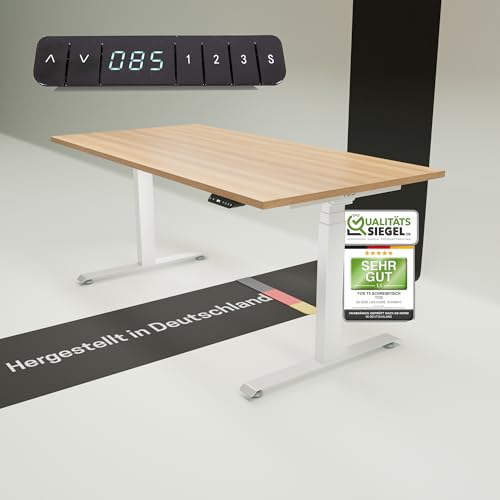 YOS T5 höhenverstellbarer Schreibtisch | elektrisch Verstellbarer Schreibtisch, ergonomischer Stehtisch | Profiqualität | Stabilität (Weiß + Eiche, 120 x 80 cm) von YOS