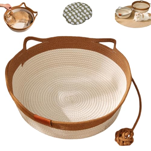 YOSEDVCB Stimulicat Katzenbett Mit Spielzeugschwanz, Katzenkorbbett, Runder Katzenbettkorb Aus Baumwollseil, Leicht Zu Reinigendes Haustiernest for Kleine Und Große Katzen Und Hunde(Brown,Large) von YOSEDVCB