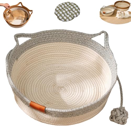YOSEDVCB Stimulicat Katzenbett Mit Spielzeugschwanz, Katzenkorbbett, Runder Katzenbettkorb Aus Baumwollseil, Leicht Zu Reinigendes Haustiernest for Kleine Und Große Katzen Und Hunde(Gray,Large) von YOSEDVCB