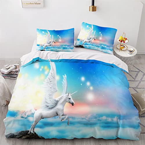 Bettwäsche-Sets Einhorn Mit Flügeln Bettbezug 135x200 Kinder Fantasie Sternenhimmel 3D Druck Sommer Hypoallergen Mikrofaser Bettbezüge mit Reißverschluss Und 2 Kissenbezug 80x80cm von YOSHOME