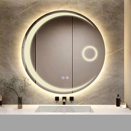 YOSHOOT Badspiegel mit Beleuchtung, 700mm Runder Wandspiegel LED-Beleuchtung, Antibeschlag großer Schminkspiegel, Berührungstaste Dimmbares 3 Farben LED-Licht 6400K IP44 (Mond) von YOSHOOT