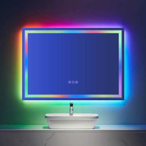 YOSHOOT Badspiegel mit LED Beleuchtung, 500 x 700 mm, Beleuchteter Wand-Badezimmerspiegel mit Dimmbarkeit und Anti-Beschlag-Pad für Hotel, Badezimmer (RGB) von YOSHOOT