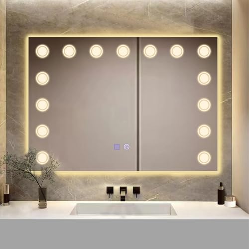 YOSHOOT Badspiegel mit LED Beleuchtung, 600 x 800 mm, Beleuchteter Wand-Badezimmerspiegel mit Dimmbarkeit und Anti-Beschlag-Pad für Hotel, Badezimmer (Hollywood) von YOSHOOT
