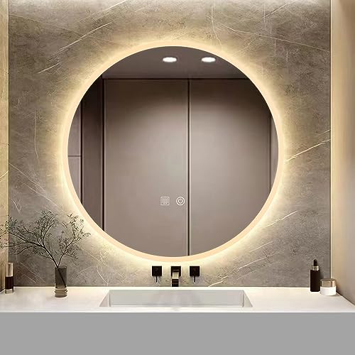 YOSHOOT Gemusterter runder Badezimmerspiegel, Wandmontage, mit 3-farbigem dimmbarem LED-Licht, schlanker beleuchteter Kosmetikspiegel, beschlagfrei, großer Kreis, IP44 (klassisch) von YOSHOOT