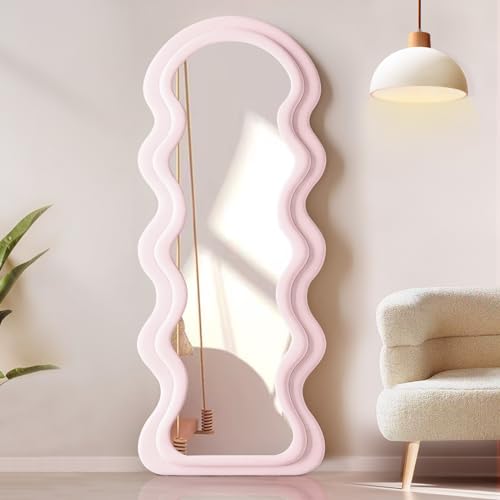YOSHOOT Wavy Mirror, 60x160cm Floor Tall Body Mirror, unregelmäßiger großer Langer Spiegel, Ankleidespiegel für Schlafzimmer Wohnzimmer, an die Wand gelehnt, Flanell umwickelter Holzrahmen (Rosa) von YOSHOOT