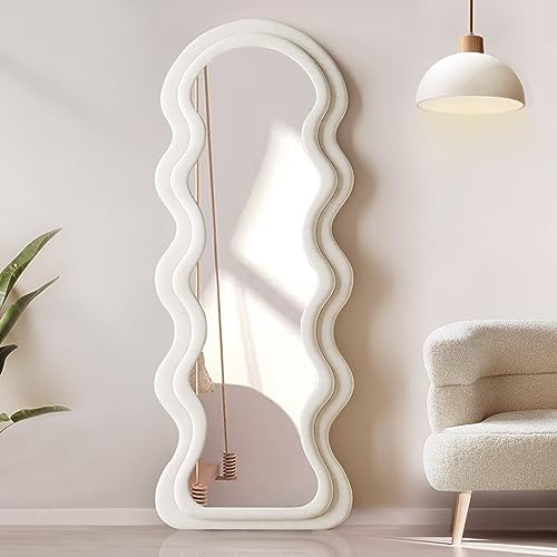 YOSHOOT Wavy Mirror, 60x160cm Floor Tall Body Mirror, unregelmäßiger großer Langer Spiegel, Ankleidespiegel für Schlafzimmer Wohnzimmer, an die Wand gelehnt, Flanell umwickelter Holzrahmen (Weiß) von YOSHOOT