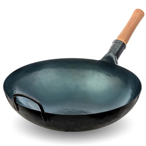 YOSUKATA Karbonstahl Woks & Wokpfannen (36 cm) -Voreingebrannter Wok Pfanne Carbonstahl Runder Boden - Traditionell Wok Für Gasherd - Kompatibel mit Gas, Offenem Feuer- Asiapfanne (blau) von YOSUKATA