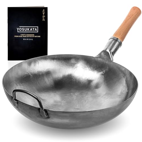 YOSUKATA Karbonstahl Woks & Wokpfannen - 36 cm Handgehämmerter Wok Pfanne Carbonstahl Runder Boden - Traditionell Wok Für Gasherd - Kompatibel mit Gas, Offenem Feuer- Asiapfanne (Silber) von YOSUKATA