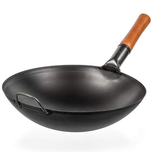 YOSUKATA Karbonstahl Woks & Wokpfannen - 36 cm Voreingebrannter Wok Pfanne Carbonstahl Runder Boden - Traditionell Wok Für Gasherd - Kompatibel mit Gas, Grill, Feuer, Gasgrill - Asiapfanne von YOSUKATA