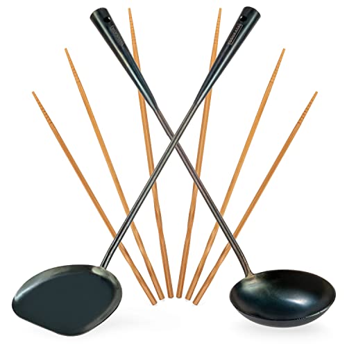 YOSUKATA Wok-Schöpflöffel, Pfannenwender und 3 Paar Holz-Kochstäbchen - Küchenhelfer Set aus Vorbehandeltem Blauem Kohlenstoffstahl, 43 cm- Spachtel Küche und Suppenkelle - Wok-Zubehör - Wok-Spatel von YOSUKATA