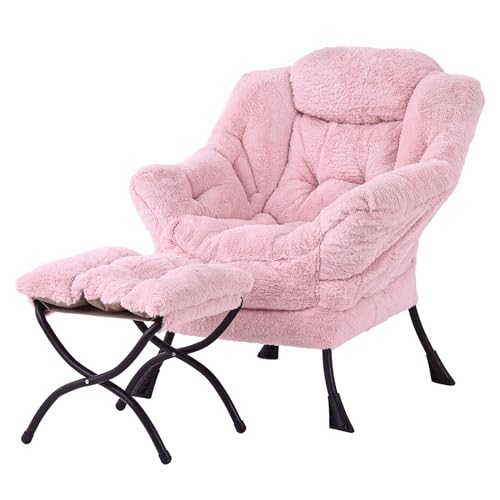 YOTATING Comfy Armchair with Footstool, Lazy Chair with Ottoman Leisure Accent Chair Relax Lounge Chair with Armrests & Side Pocket for Living Room, Bedroom & Small Spaces Armchair, Plush Pink von YOTATING