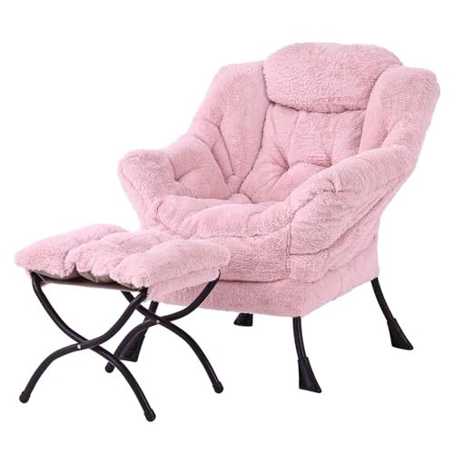 YOTATING Bequemer Sessel mit Fußhocker, Lazy Chair mit Ottomane, Freizeit-Akzentstuhl, Relax-Lounge-Sessel mit Armlehnen & Seitentasche für Wohnzimmer, Schlafzimmer & kleine Räume, Plüschrosa von YOTATING