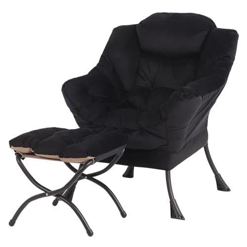 YOTATING Bequemer Sessel mit Fußhocker, Lazy Chair mit Ottomane, Freizeit-Akzentstuhl, Relax-Lounge-Sessel mit Armlehnen & Seitentasche für Wohnzimmer, Schlafzimmer & kleine Räume, Schwarz von YOTATING