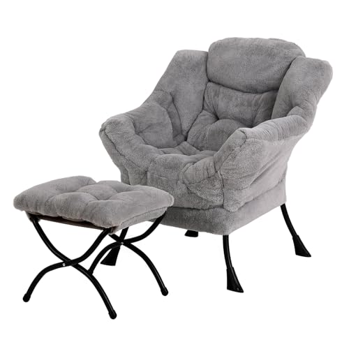 YOTATING Comfy Armchair with Footstool, Lazy Chair with Ottoman Leisure Accent Chair Relax Lounge Chair with Armrests & Side Pocket for Living Room, Bedroom & Small Spaces Armchair, Plush Grey von YOTATING